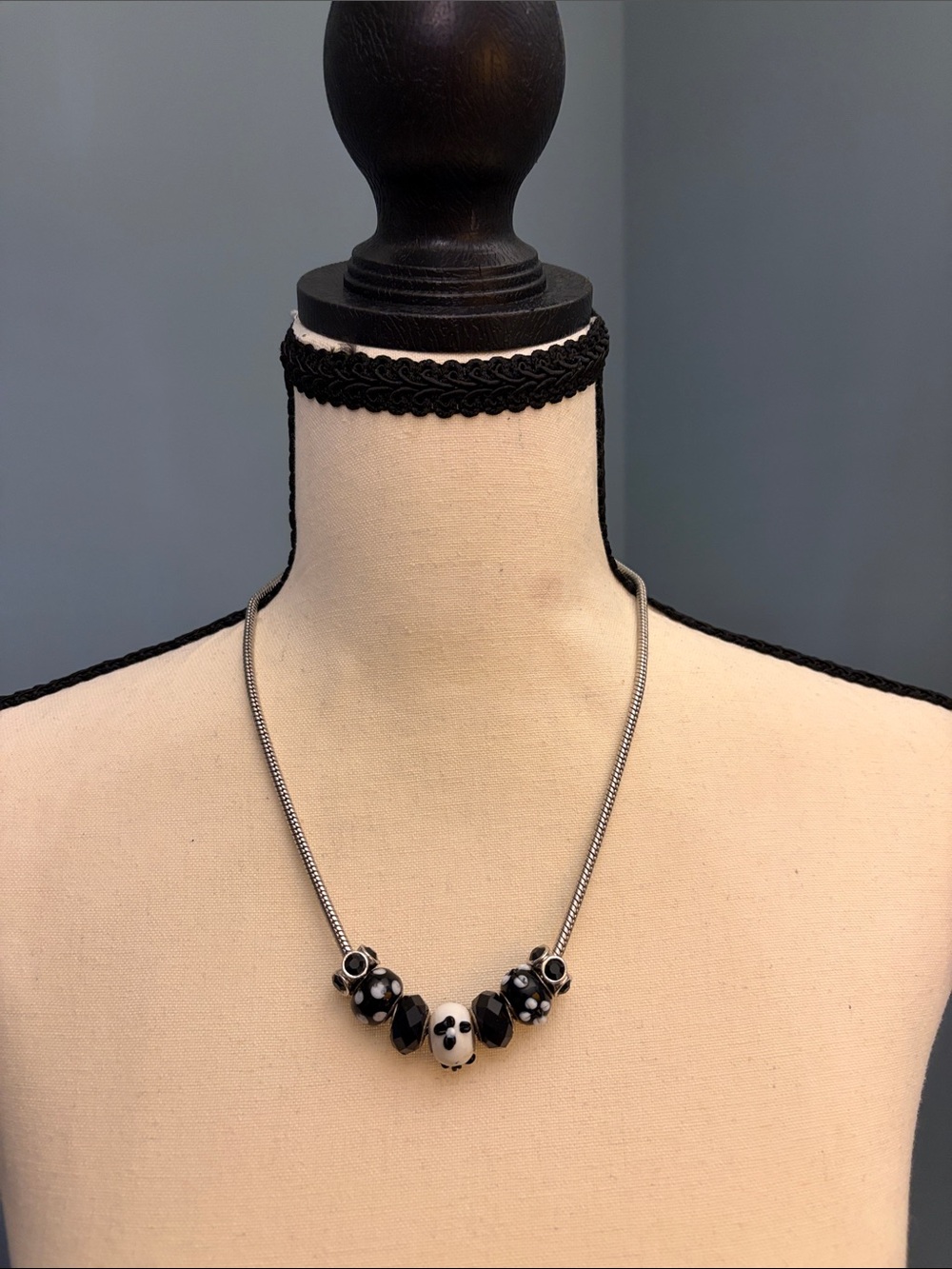 Chunky Black and White Glass Bead Necklace on Silver Snake Chain